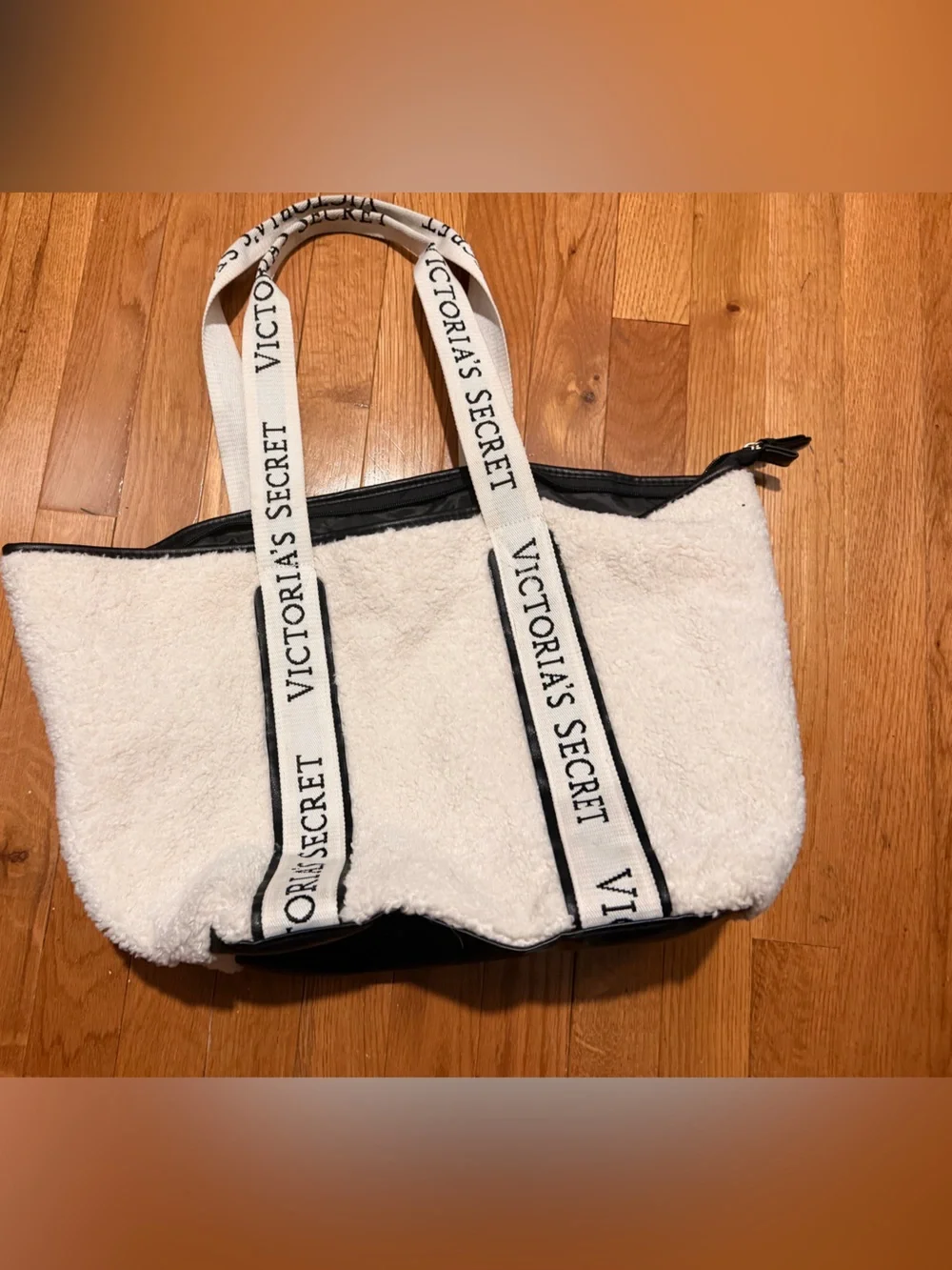 Victoria's Secret White Sherpa Tote with Black Trim and Logo Straps